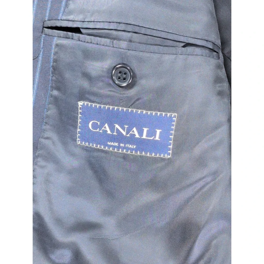 Canali Suit Mens 44R Navy Pinstripe Super 120s Wool Italy Saks Fifth Ave